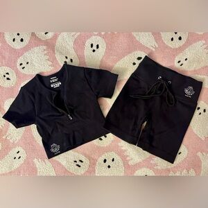 Corpoarmor - Black Crop Zip-Front Top & Tie Bike Shorts Set (NWOT)